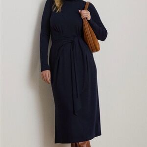 Lauren Ralph Lauren turtleneck tie waist long sleeve rib cotton blend mid dress